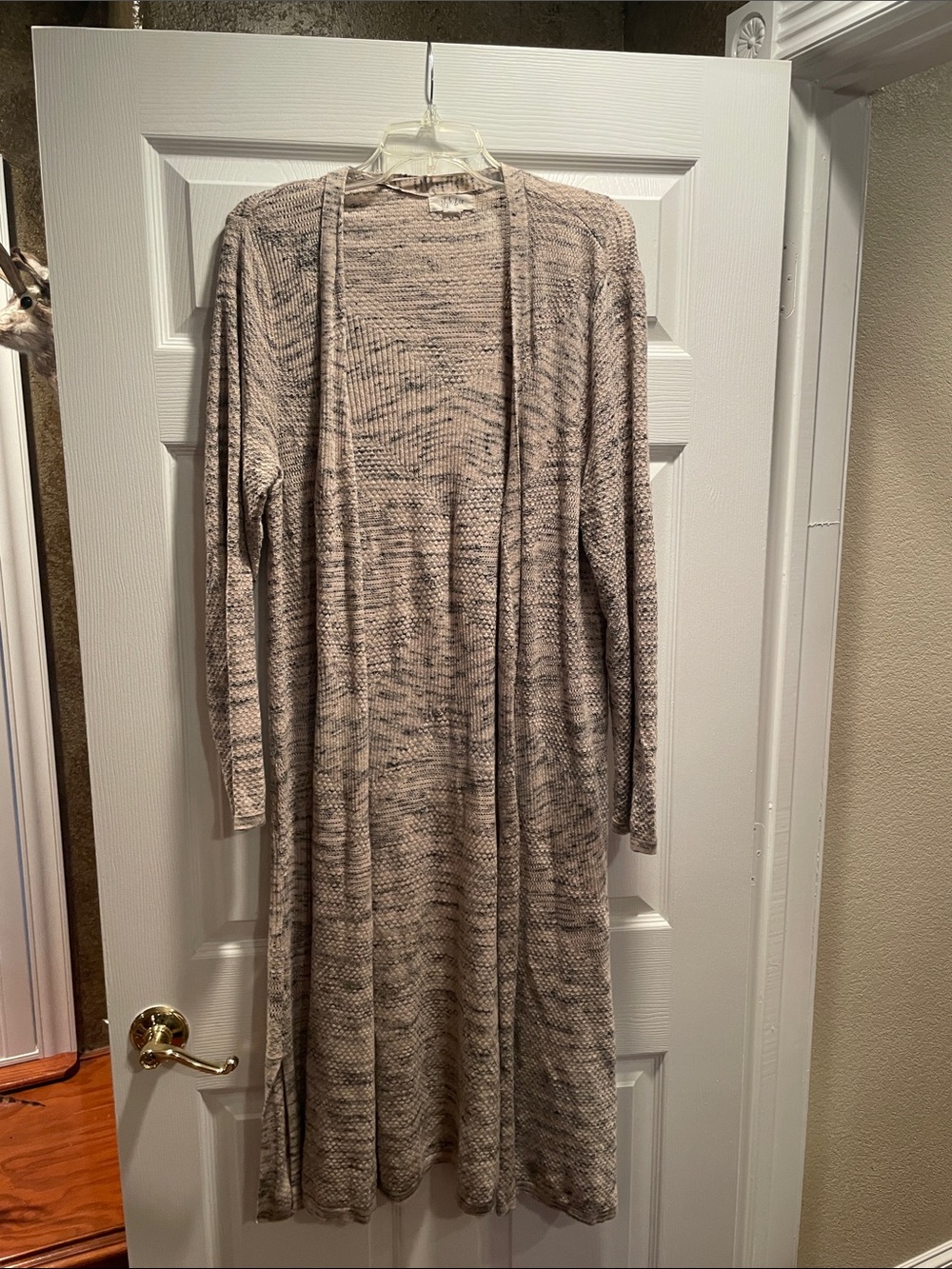 Style & Co. Long Open-Front Knit Cardigan in Heathered Taupe and Cream